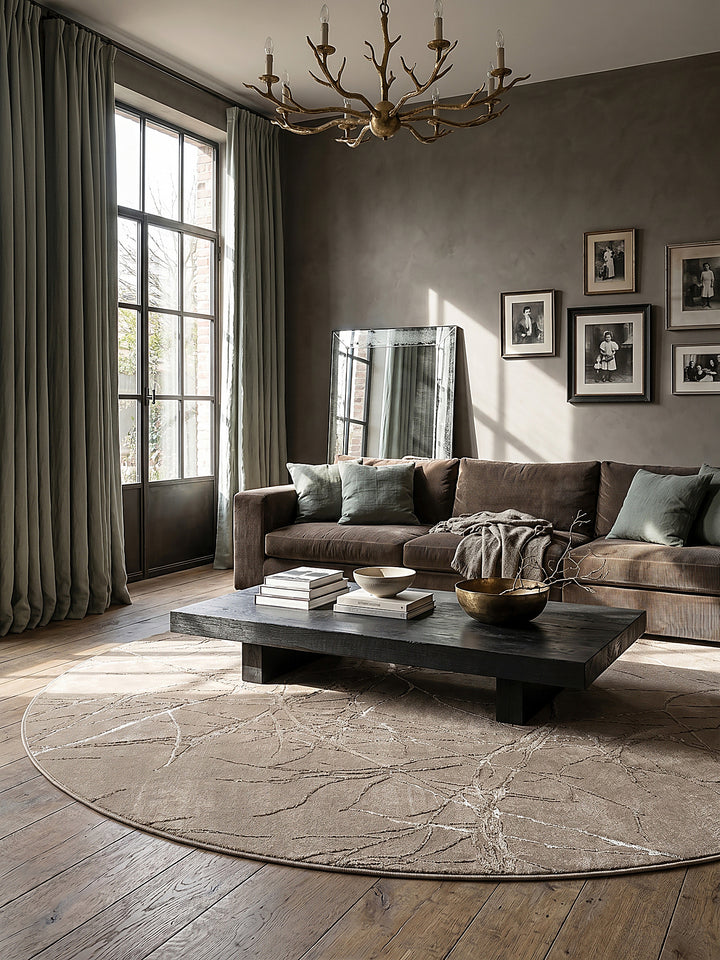 Teppich Beige rund im modernen Wohnzimmer_