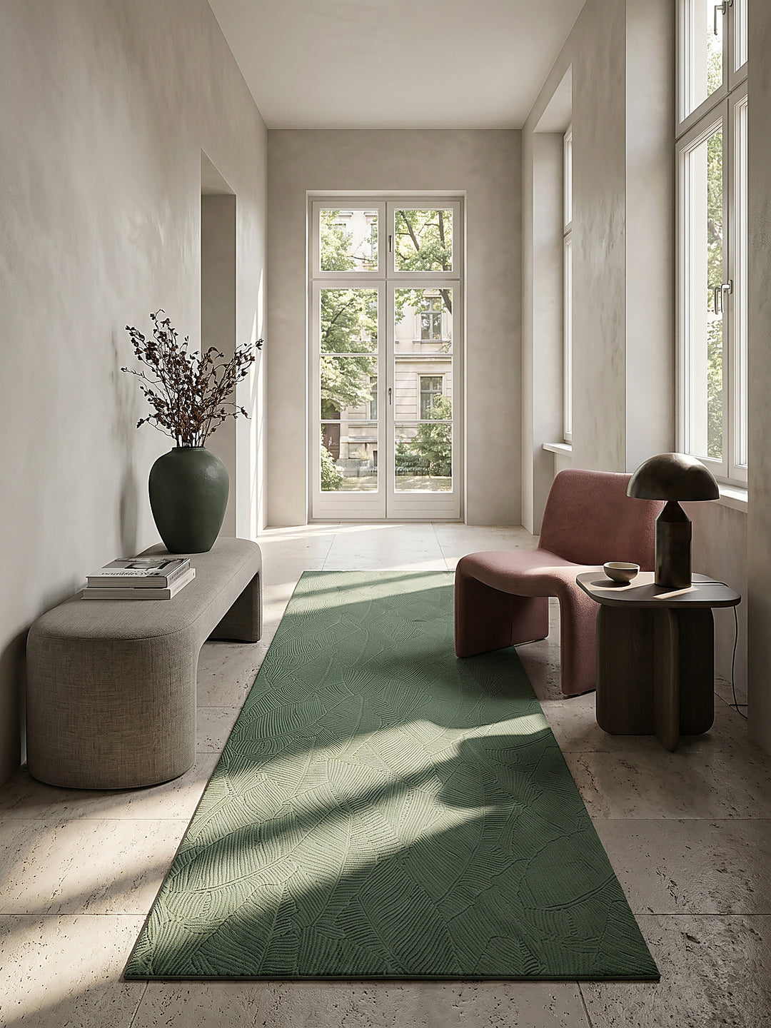Teppich Waldgrün Läufer im modernen Wohnzimmer_