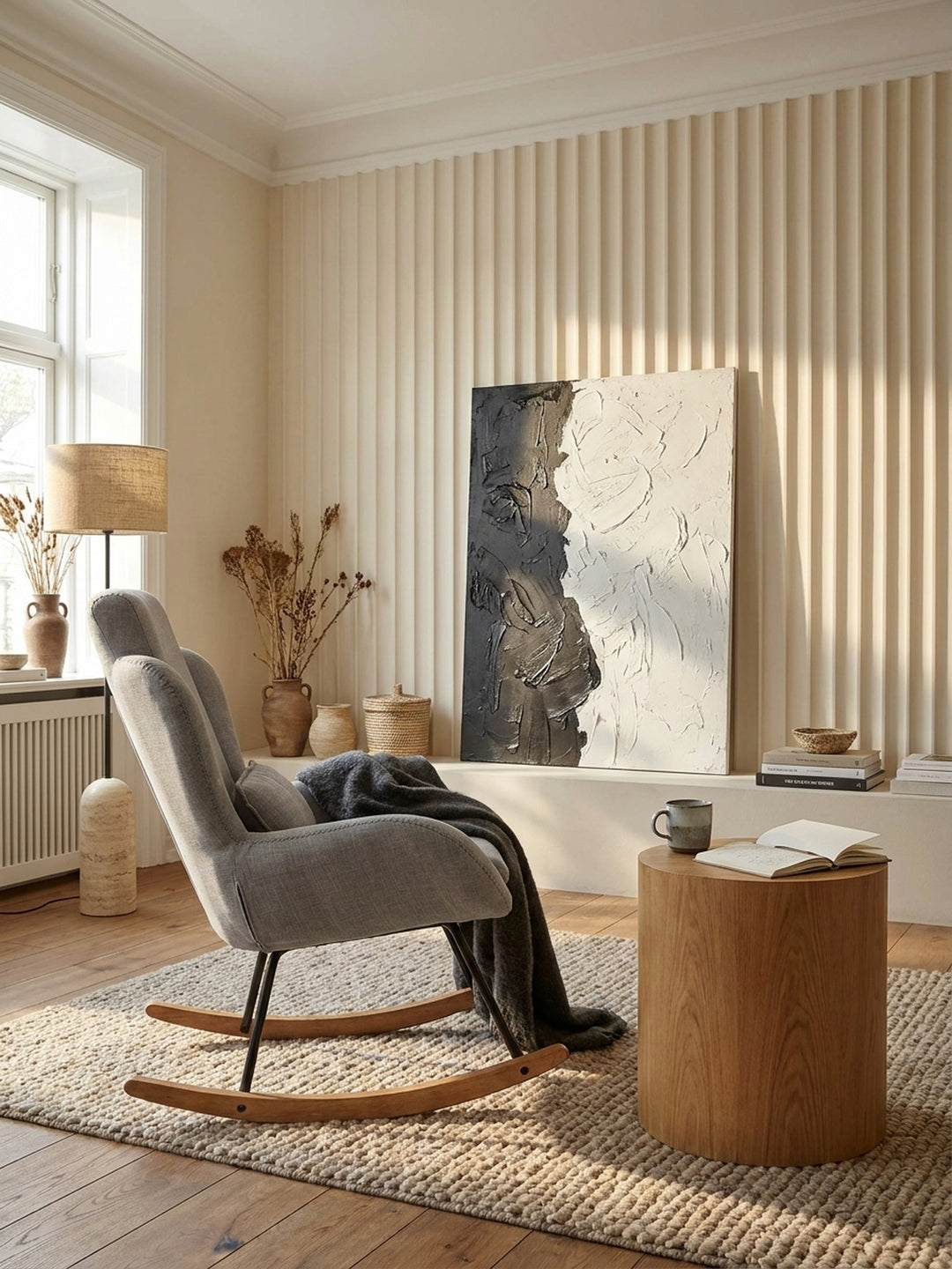 Der skandinavisch inspirierte Schwingstuhl in Grau steht harmonisch neben einem massiven Holztisch auf einem hellen Naturwollteppich._