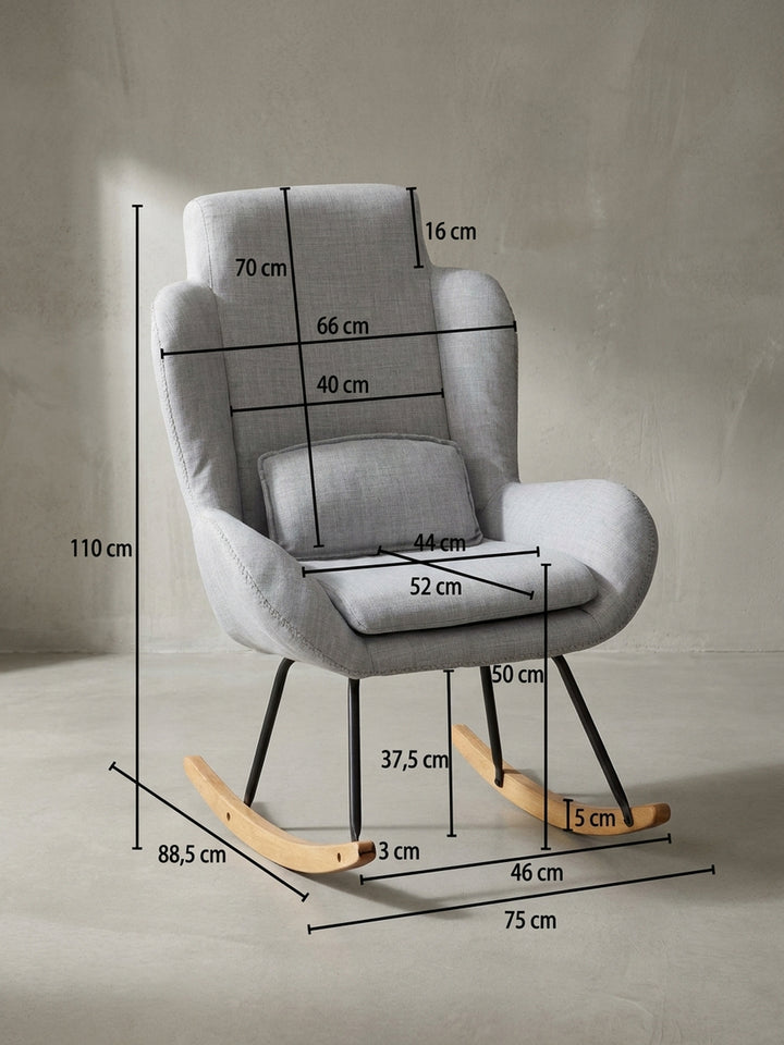 Technische Zeichnung des Schaukelstuhls mit den genauen Abmessungen von 75x88,5x110 cm zur optimalen Integration ins Raumkonzept._