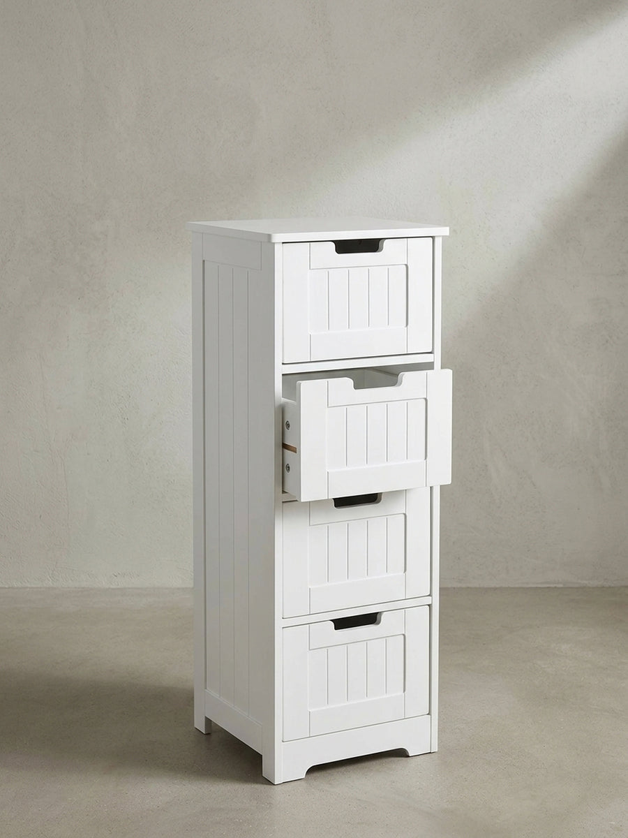 Freistehender Badezimmerschrank 30x83x30 cm in mattem Weiß mit vier geräumigen Schubladen und integrierten Griffmulden vor neutralem Hintergrund_