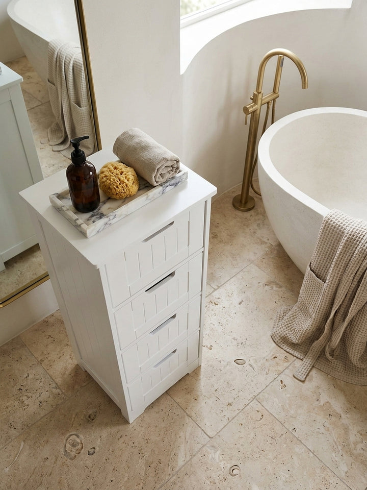 Draufsicht auf den schmalen Badschrank im Landhausstil mit 4 Schubladen neben einer freistehenden Badewanne und flauschigen Handtüchern_
