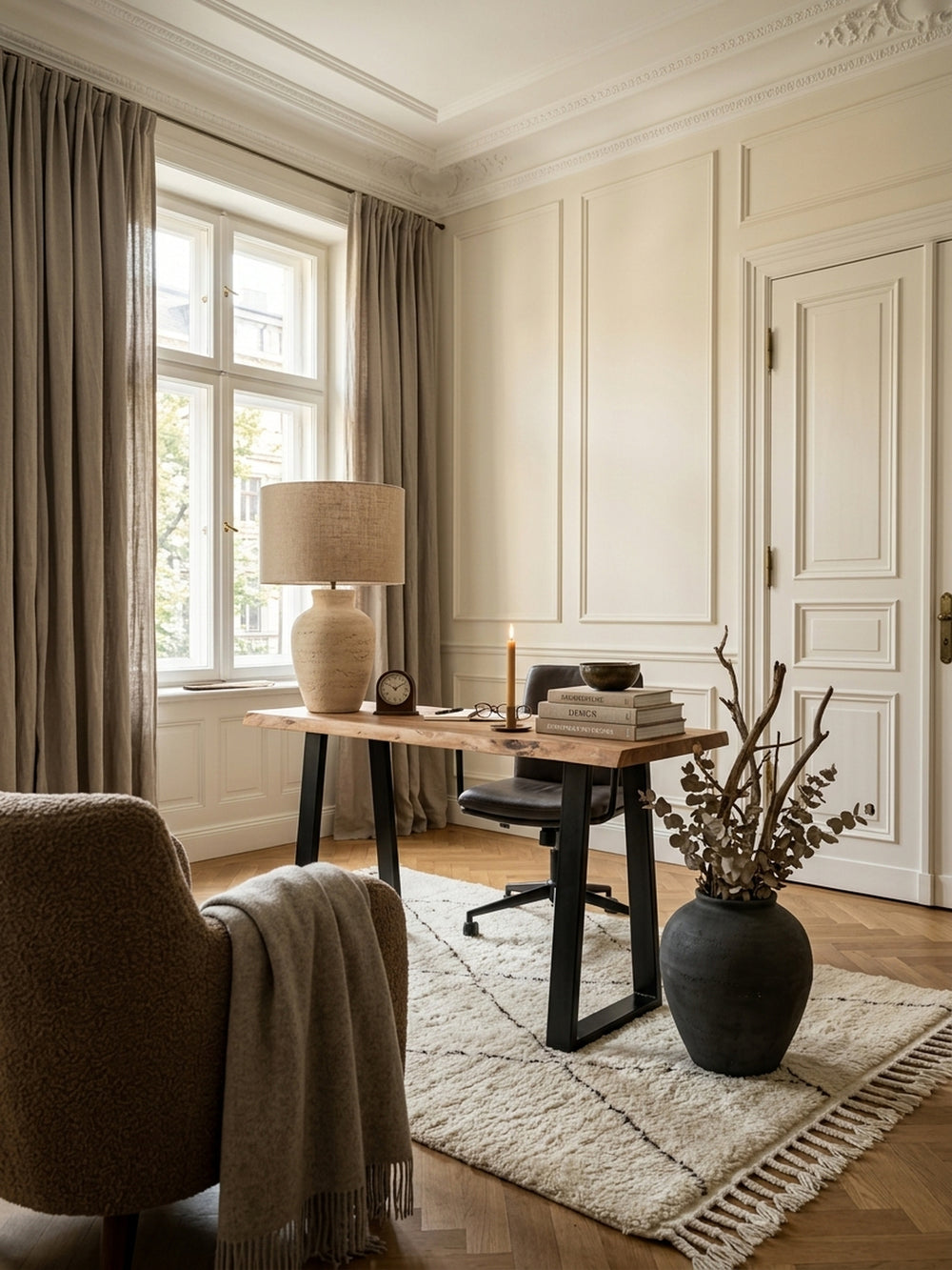 Konsole aus honigfarbenem Akazie-Massivholz in modernem Home Office mit Teppich und stimmungsvoller Beleuchtung 45x120x75 cm_