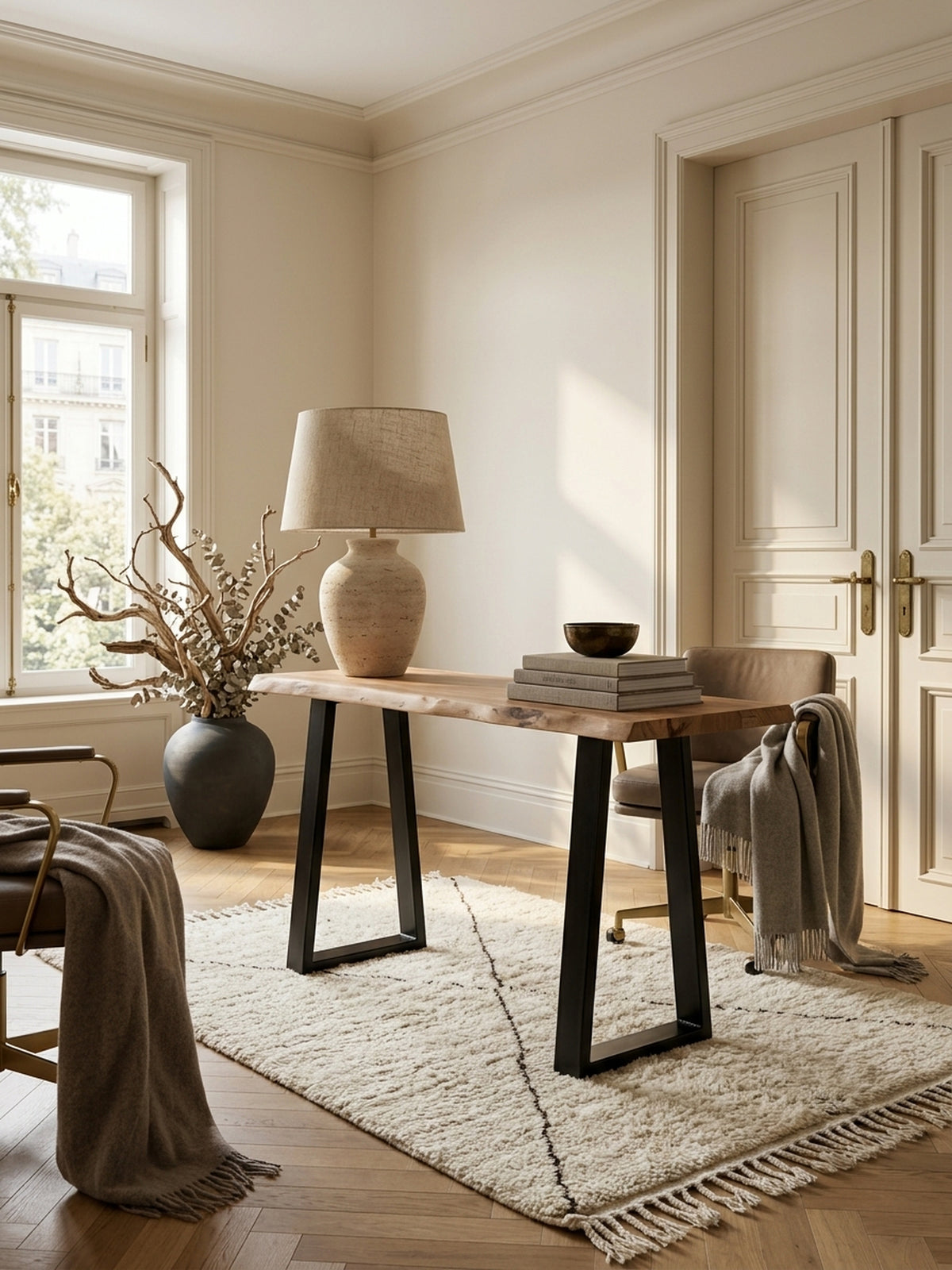 Konsole Akazie Massivholz schwarz 45x120x75 cm in stilvoller Home Office-Einrichtung mit Dekoration und Accessoires aus der Vogelperspektive