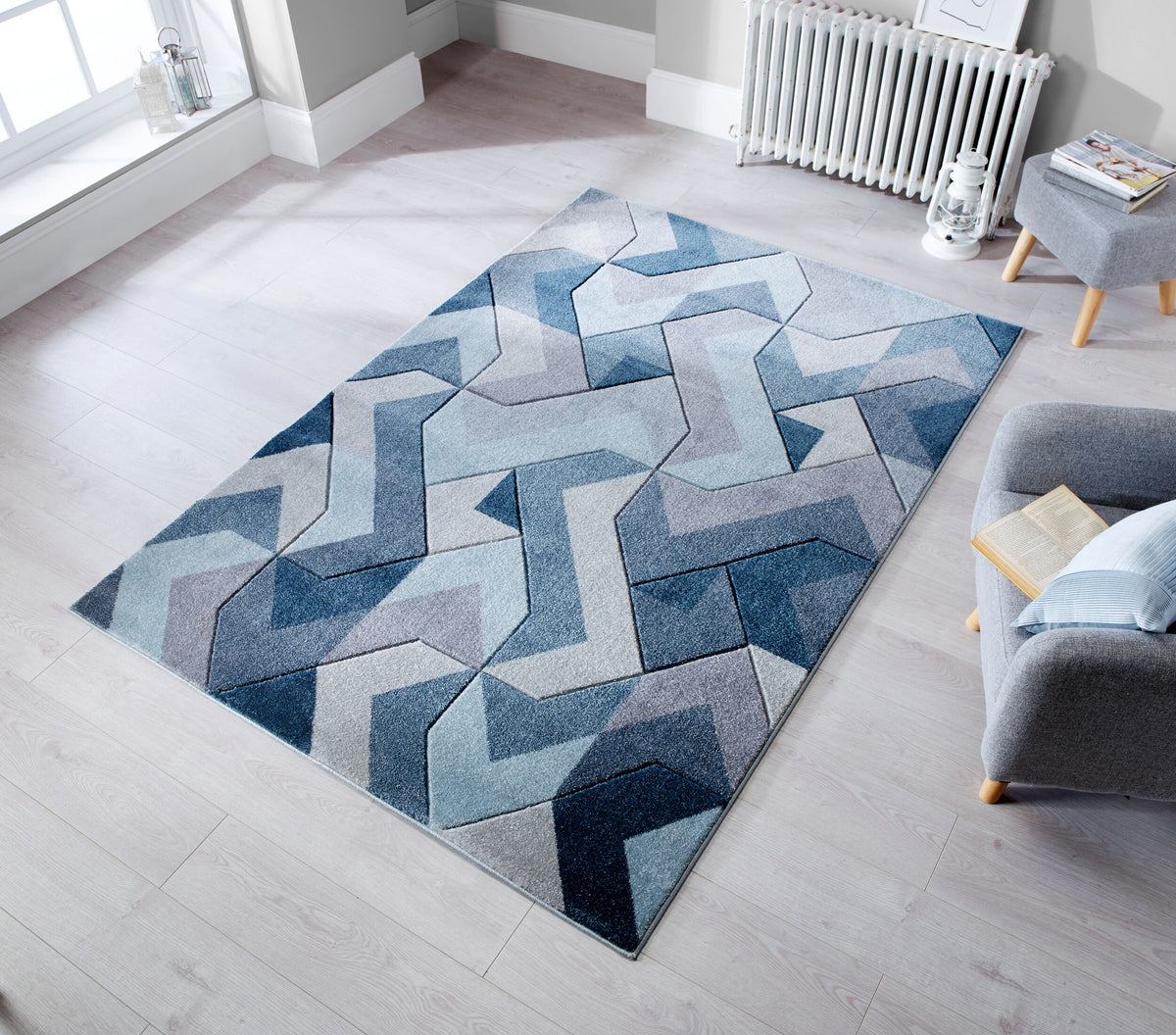 Langlebiger und pflegeleichter Designer-Teppich_Blau_Rechteckig_