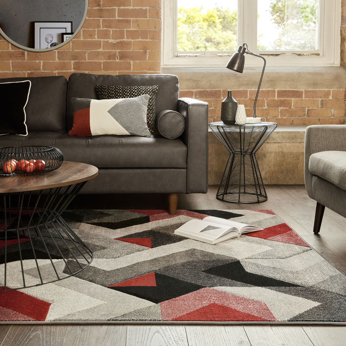 Langlebiger und pflegeleichter Designer-Teppich_Rot-Grau_Rechteckig_