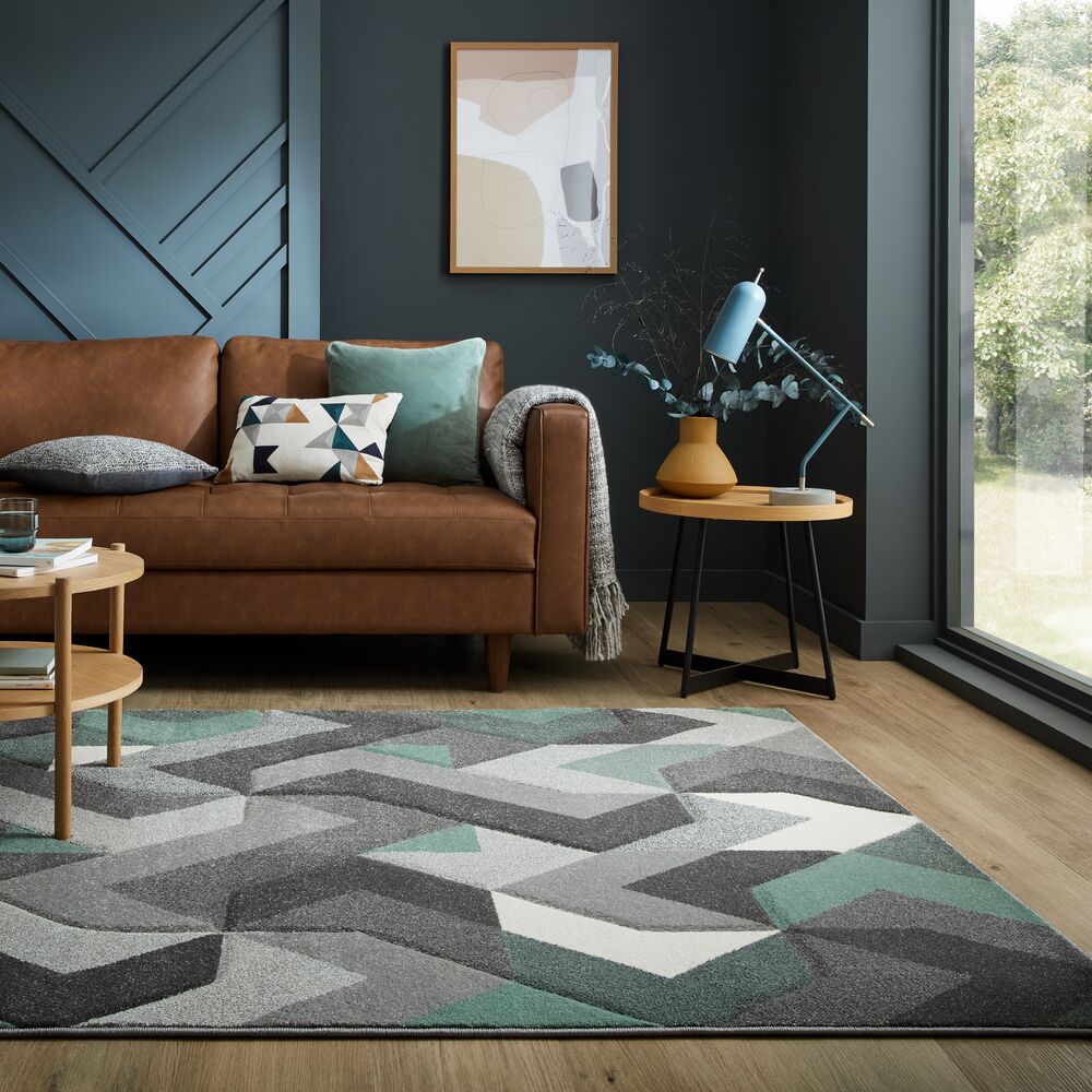 Langlebiger und pflegeleichter Designer-Teppich_Grün-Grau_Rechteckig_