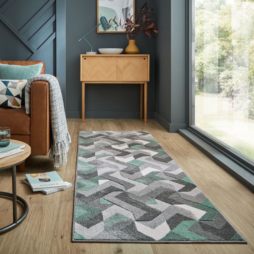 Langlebiger und pflegeleichter Designer-Teppich_Grün-Grau_Läufer_