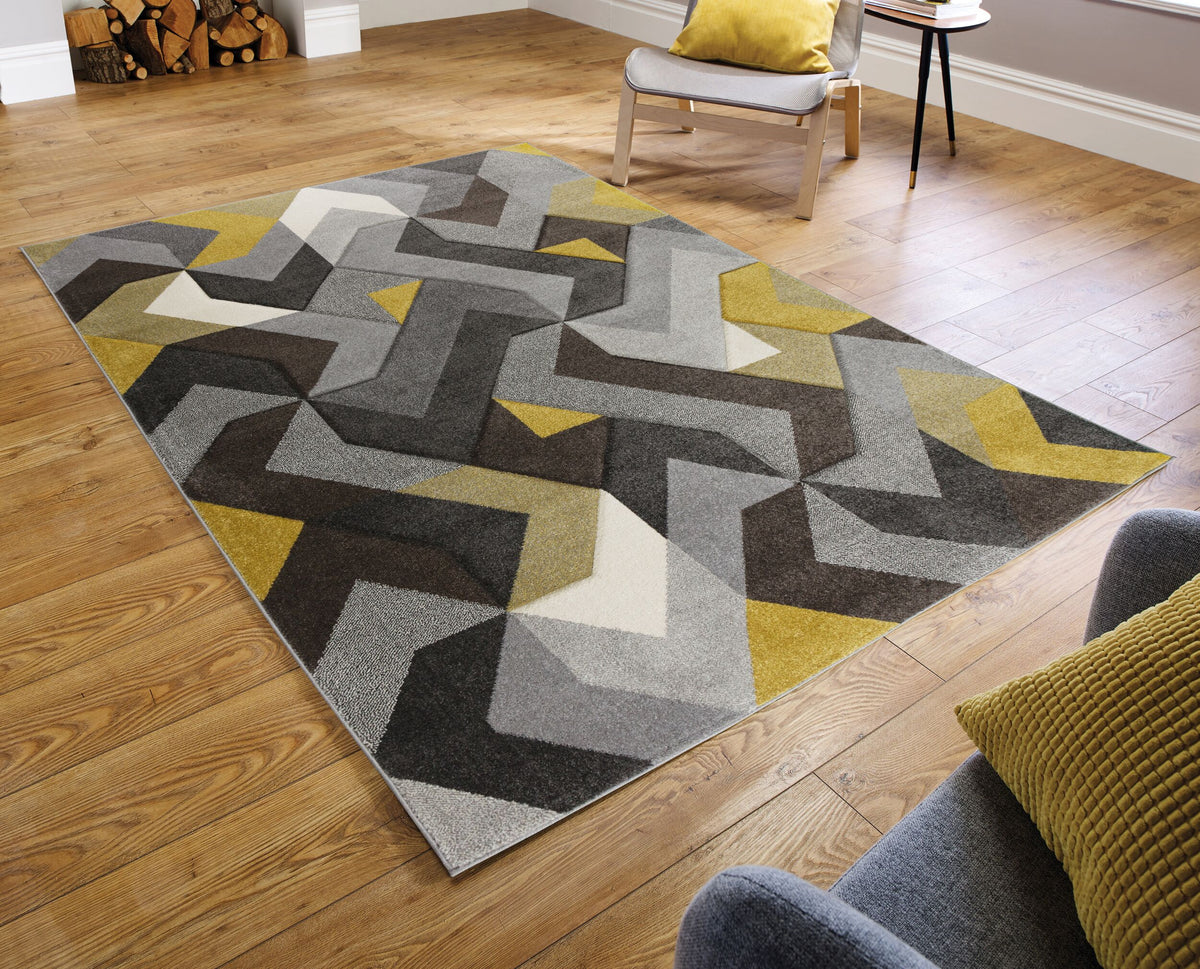Langlebiger und pflegeleichter Designer-Teppich_Gelb-Grau_Rechteckig_