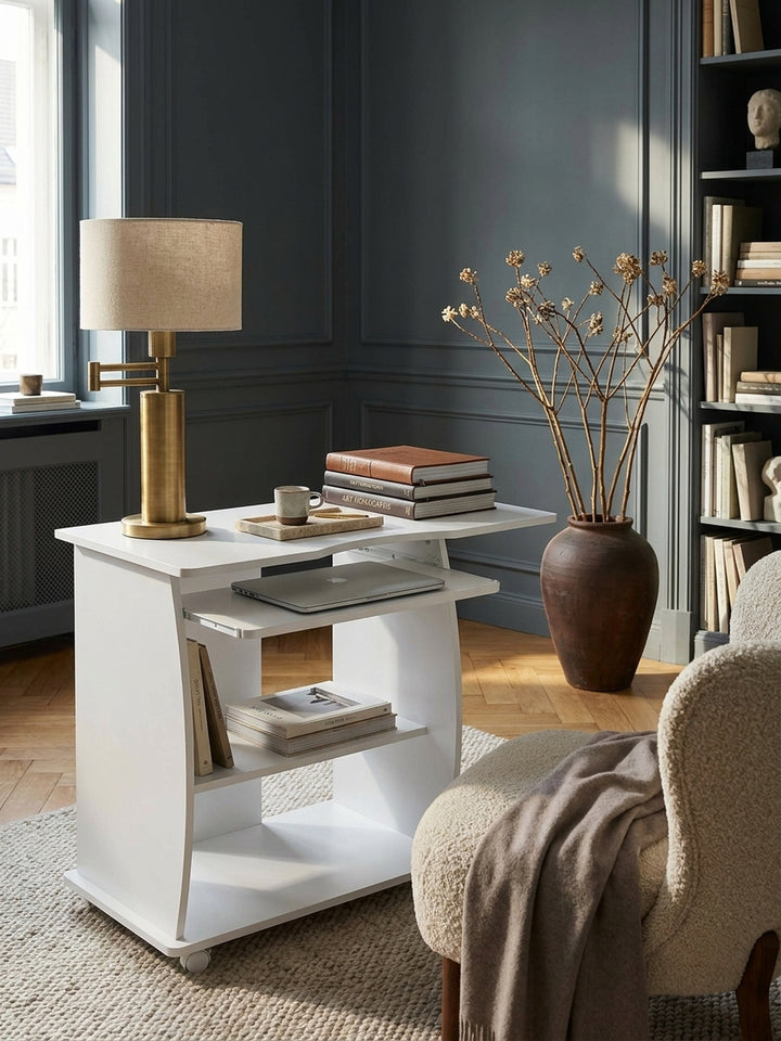 Schreibtisch Eiche Massivholz weiß 50x90x71 cm kombiniert mit passenden Möbeln Home Office Einrichtungsidee Möbelensemble mit Ablagefach und Rollen harmonisch Wohnen Interior Zuhause Design_