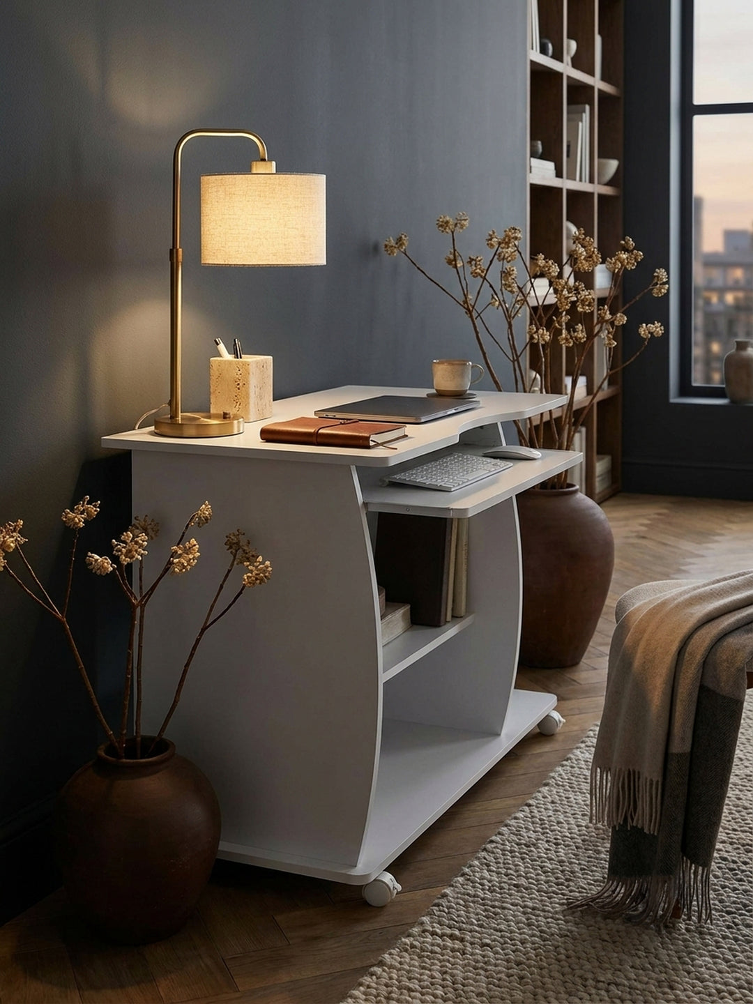 Schreibtisch aus natürlicher Eiche massiv im Einsatz Home Office dekoriert mit Styling-Accessoires Wohnatmosphäre mit Ablagefach und Rollen gemütlich eingerichtet Wohnen Einrichtung Interior_