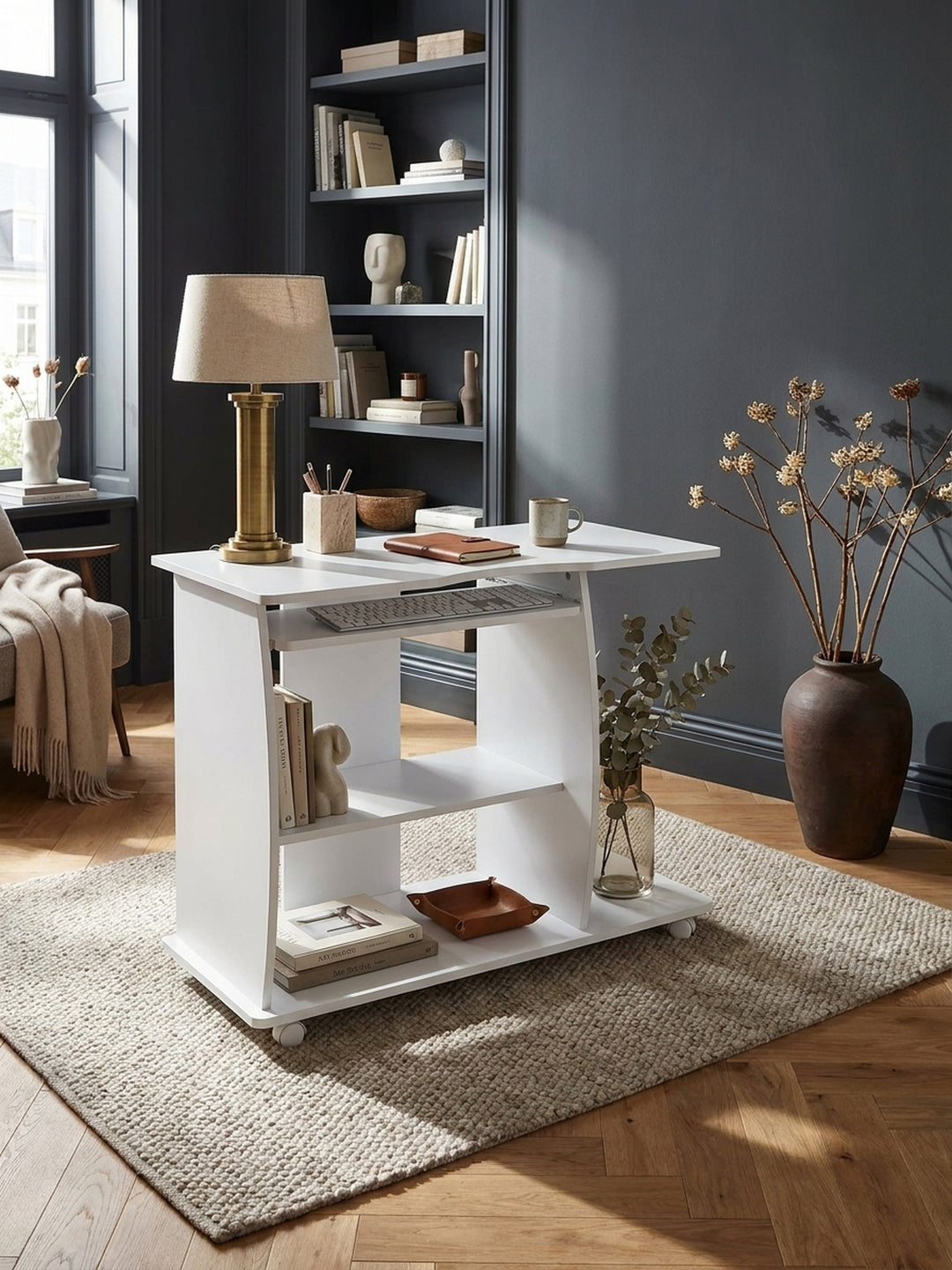 Schreibtisch Eiche Massivholz weiß 50x90x71 cm in modernem Home Office Einrichtung Design Möbel mit Ablagefach und Rollen hochwertig modern stilvoll einrichten Wohnen Interior Zuhause_