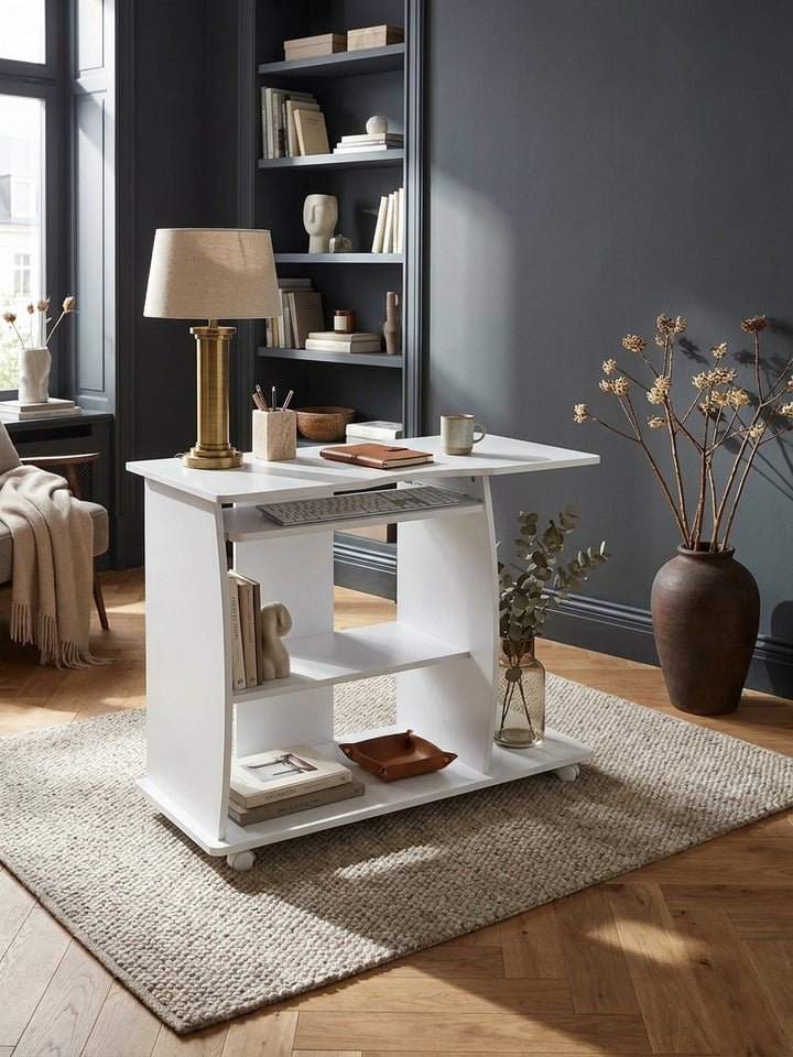 Schreibtisch Eiche Massivholz weiß 50x90x71 cm in modernem Home Office Einrichtung Design Möbel mit Ablagefach und Rollen hochwertig modern stilvoll einrichten Wohnen Interior Zuhause_