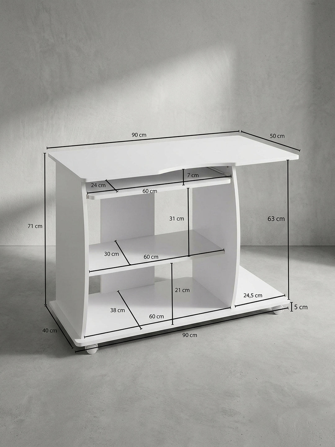 Schreibtisch Eiche Massivholz weiß Maße 50x90x71 cm Höhe Breite Tiefe Maßzeichnung Produktmaße mit Ablagefach und Rollen Möbel Design Home Office Wohnen Einrichtung Interior Zuhause_