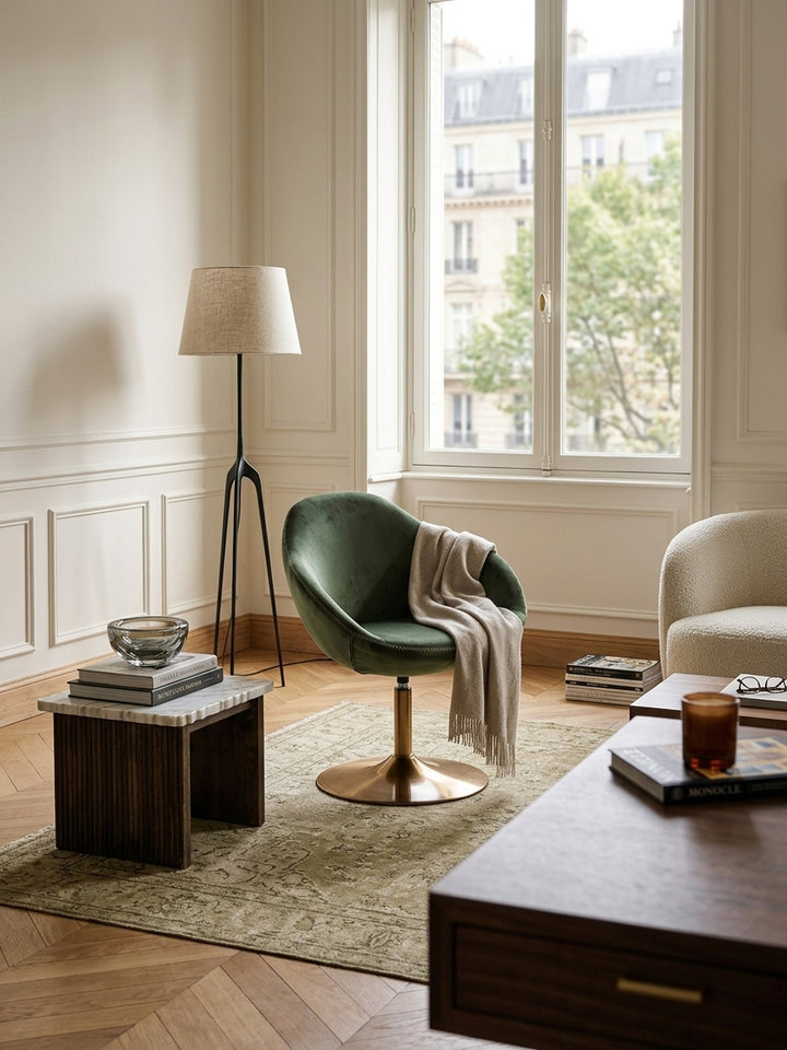 Eleganter Loungesessel in einem hellen Wohnzimmer. Der grüne Samtbezug und der goldene Trompetenfuß setzen luxuriöse Akzente neben einem Beistelltisch._