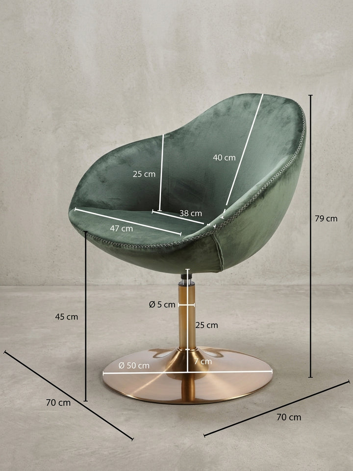 Rückansicht des Retro-Sessels. Die nahtlose Verarbeitung des grünen Samtbezugs und die präzise Linienführung der Ziernähte unterstreichen das hochwertige Design._