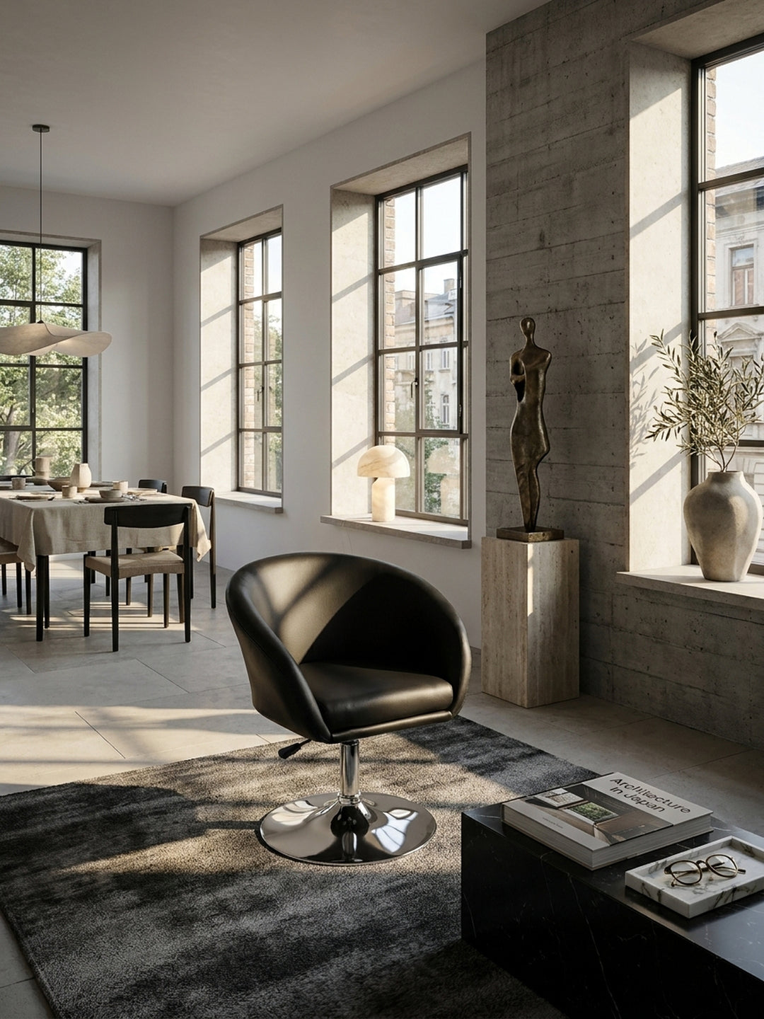 Lounge- &amp; Cocktailsessel Eiche Massivholz schwarz 62x55x84 cm in modernem Arbeitszimmer Einrichtung Design Möbel mit Höhenverstellung und Drehfunktion hochwertig modern stilvoll einrichten_