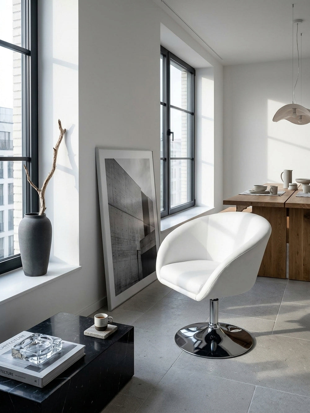 Lounge- &amp; Cocktailsessel Eiche Massivholz weiß 62x55x84 cm in modernem Home Office Einrichtung Design Möbel mit Höhenverstellung und Drehfunktion hochwertig modern stilvoll einrichten Wohnen_