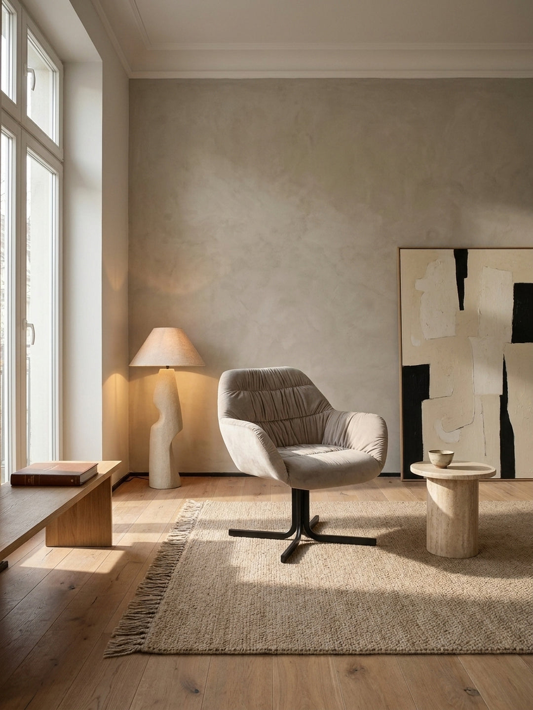 Beiger Loungesessel aus samtigem Stoff mit schwarzem Kreuzgestell im eleganten Wohnzimmer auf hellem Eichenparkett neben bodentiefen Fenstern._