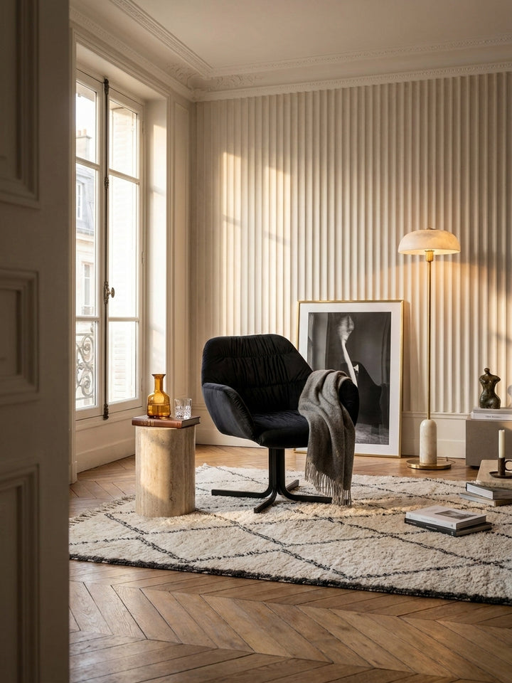 Schwarzer Cocktailsessel aus weichem Samt mit markanter Raffung in einem luxuriösen modern-classic Wohnzimmer mit hellem Eichenparkett und warmen Travertin-Akzenten._
