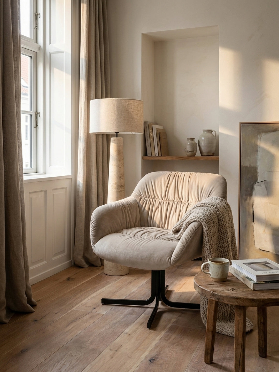 Nahaufnahme der gerafften Samtpolsterung in Beige des eleganten Schalenstuhls, die weiche Textur und präzise Nähte im sanften Licht zeigt._