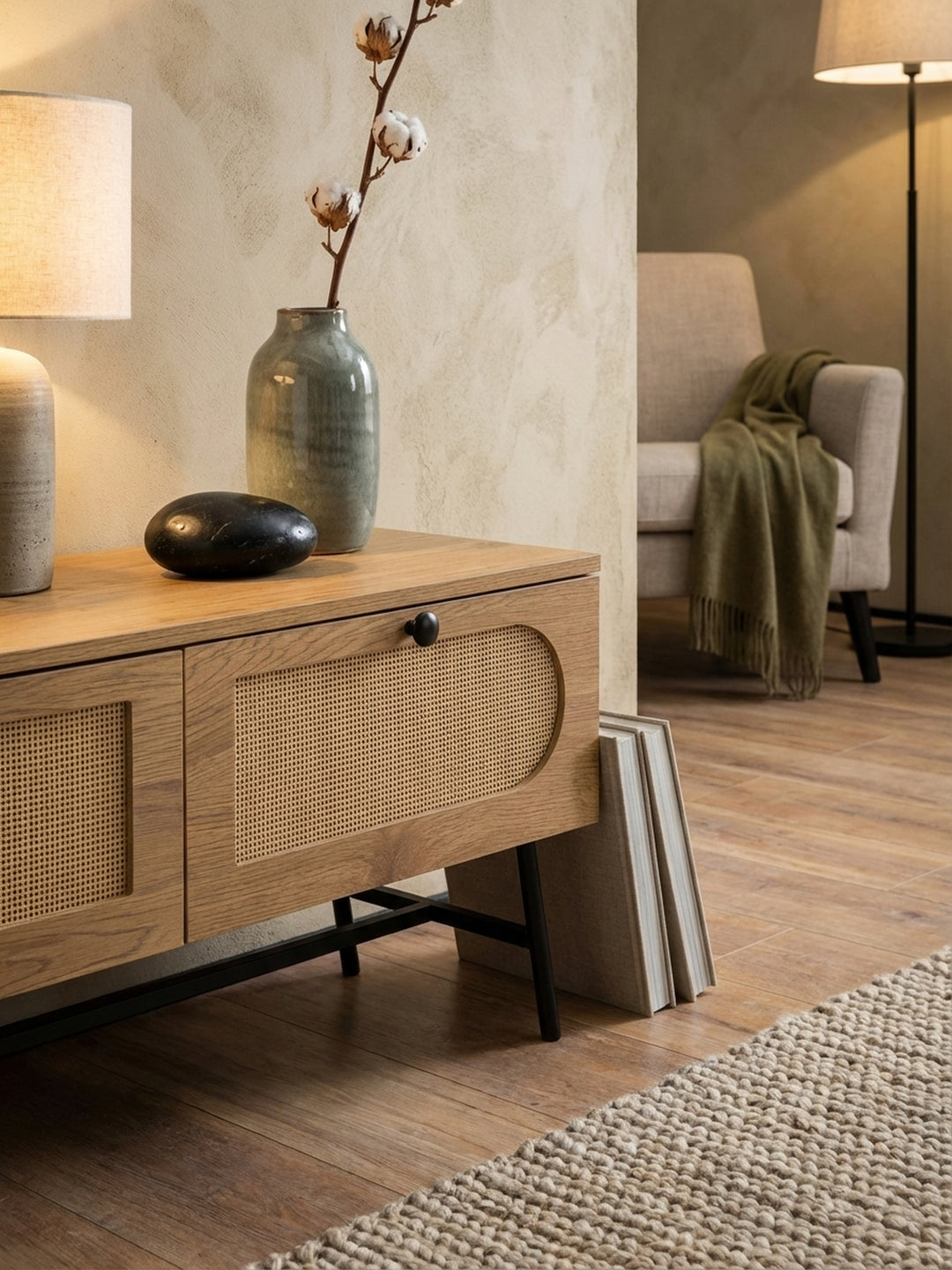 Design-Vignette mit einer Keramikvase auf dem Eichen-Lowboard neben einem modernen Fernseher, das eine ruhige Atmosphäre schafft._
