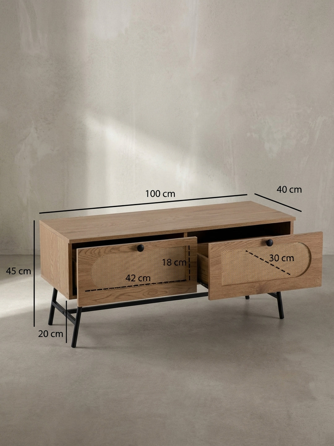 Technisches Bild des TV-Lowboards mit exakten Maßen: Breite 100 cm, Höhe 45 cm, Tiefe 40 cm, für die perfekte Raumplanung._