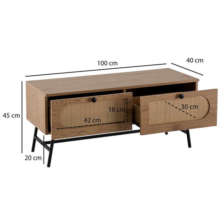 Lowboard Eiche-Dekor Rattan Modern Stil 100x45x40 cm mit Schubladen