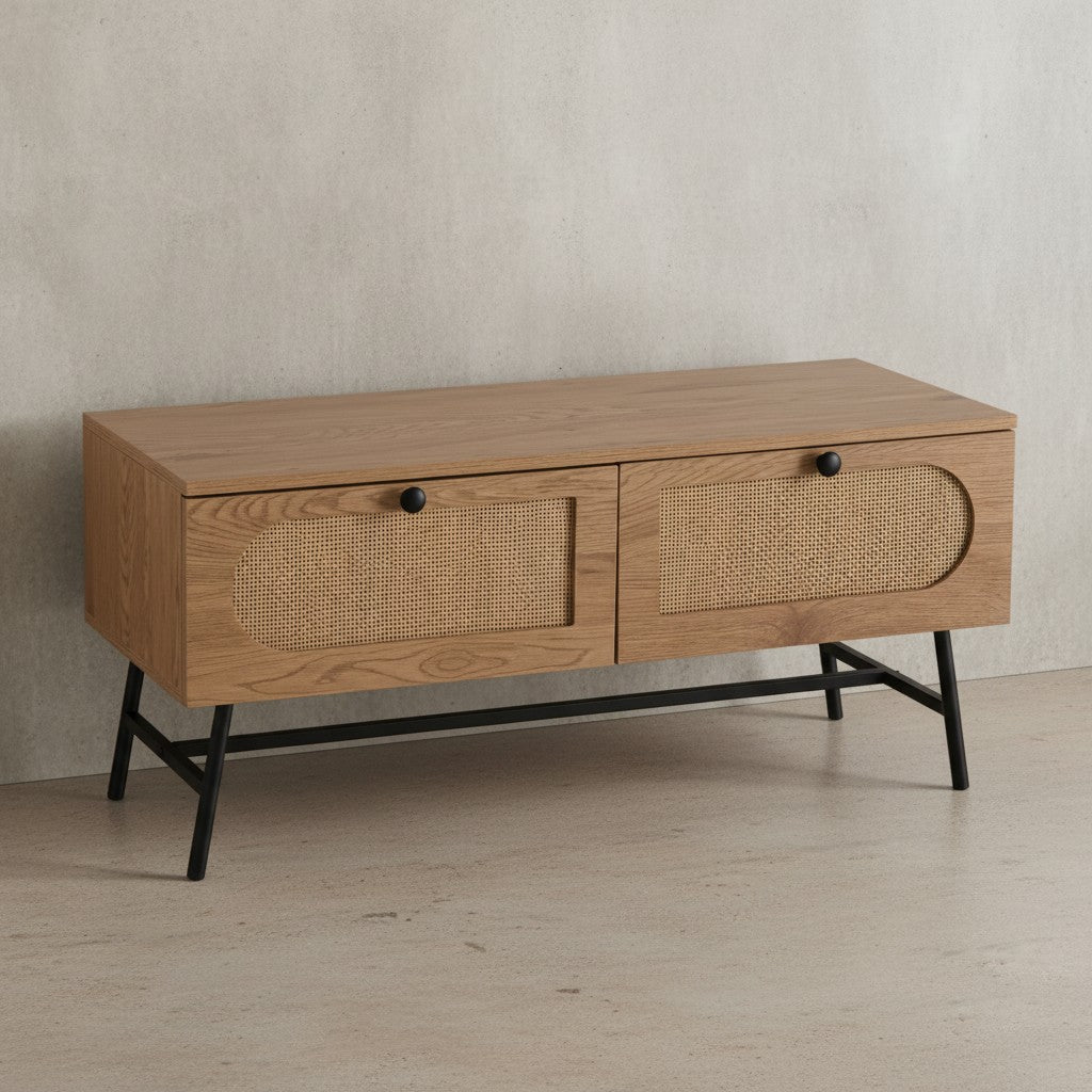 Lowboard 100x45x40 cm TV-Kommode mit Eiche-Dekor &amp; Rattan - Design TV-Schrank Hoch mit Schubladen - Fernsehtisch Fernsehschrank - Fernsehkommode Wohnzimmer_