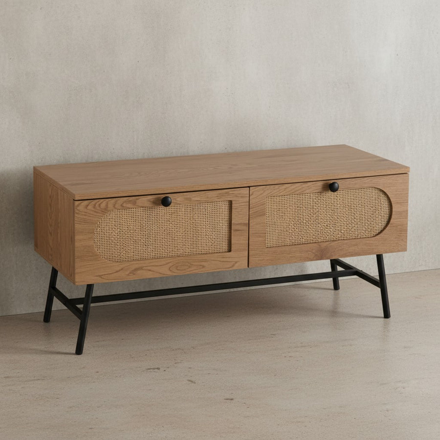 Lowboard 100x45x40 cm TV-Kommode mit Eiche-Dekor &amp; Rattan - Design TV-Schrank Hoch mit Schubladen - Fernsehtisch Fernsehschrank - Fernsehkommode Wohnzimmer_