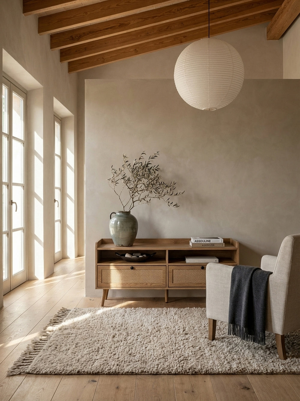 Modernes TV-Lowboard in Eiche-Optik mit Wiener Geflecht in einem hellen, organisch-modernen Wohnzimmer mit Wollteppich._