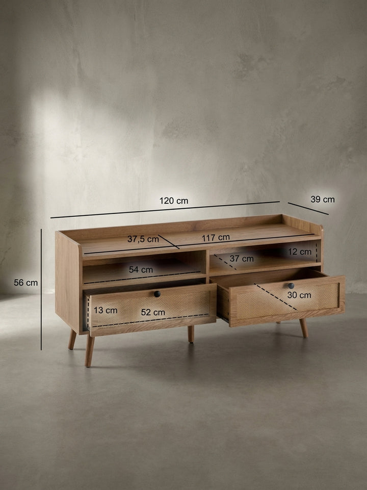 TV-Lowboard mit genauen Maßen: Breite 120 cm, Höhe 56 cm, Tiefe 39 cm, ideal für die Planung des Wohnbereichs._