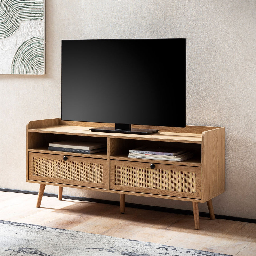 Lowboard Eiche-Dekor Rattan Modern Stil 120x56x39 cm mit Schubladen
