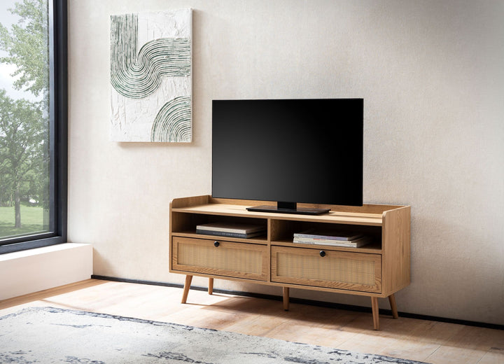Lowboard Eiche-Dekor Rattan Modern Stil 120x56x39 cm mit Schubladen