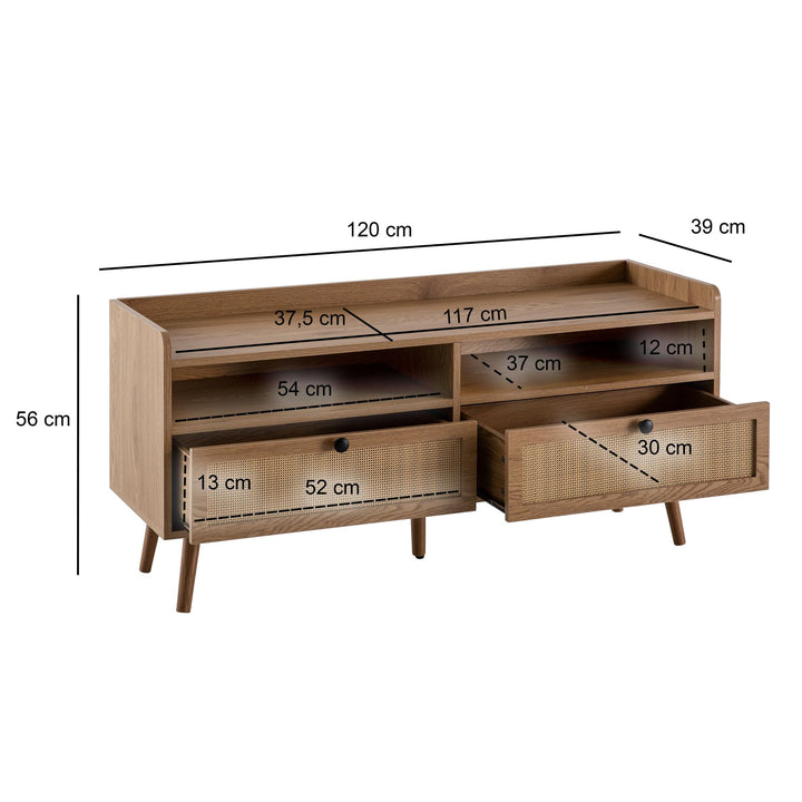 Lowboard Eiche-Dekor Rattan Modern Stil 120x56x39 cm mit Schubladen