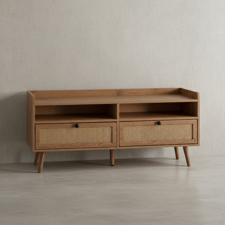 Lowboard 120x56x39 cm TV-Kommode mit Eiche-Dekor &amp;amp; Rattan - Design TV-Schrank Hoch mit Schubladen - Fernsehtisch Fernsehschrank Stauraum - Fernsehkommode Wohnzimmer_
