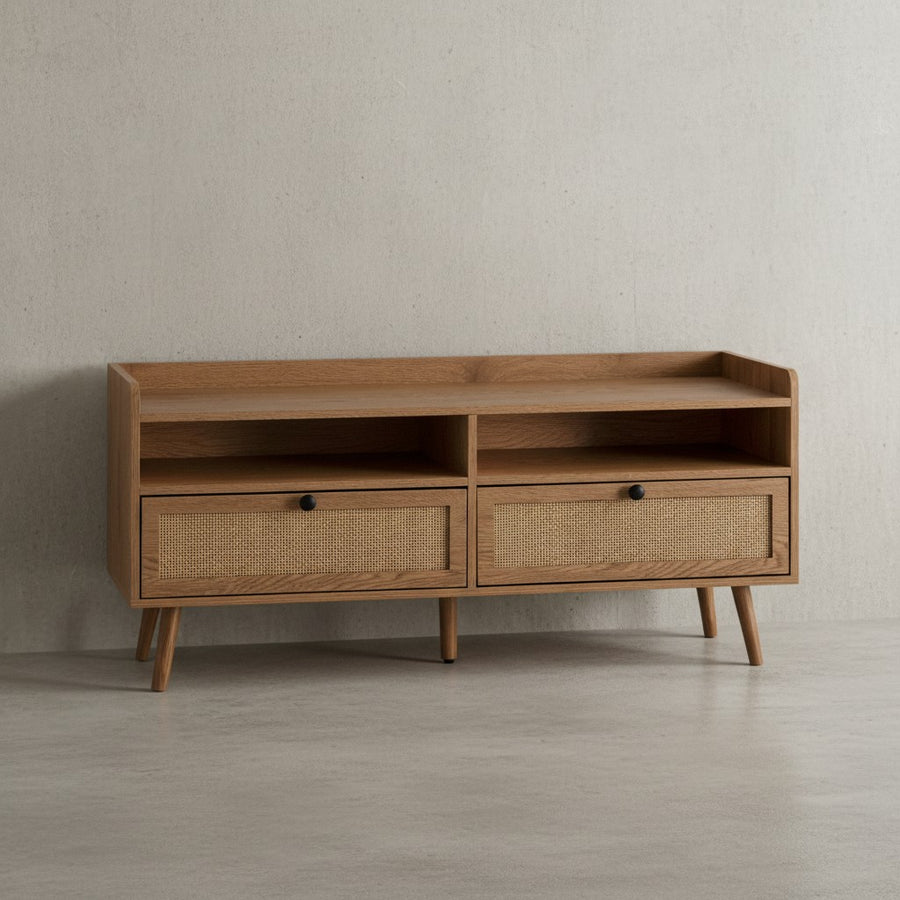 Lowboard 120x56x39 cm TV-Kommode mit Eiche-Dekor &amp; Rattan - Design TV-Schrank Hoch mit Schubladen - Fernsehtisch Fernsehschrank Stauraum - Fernsehkommode Wohnzimmer_