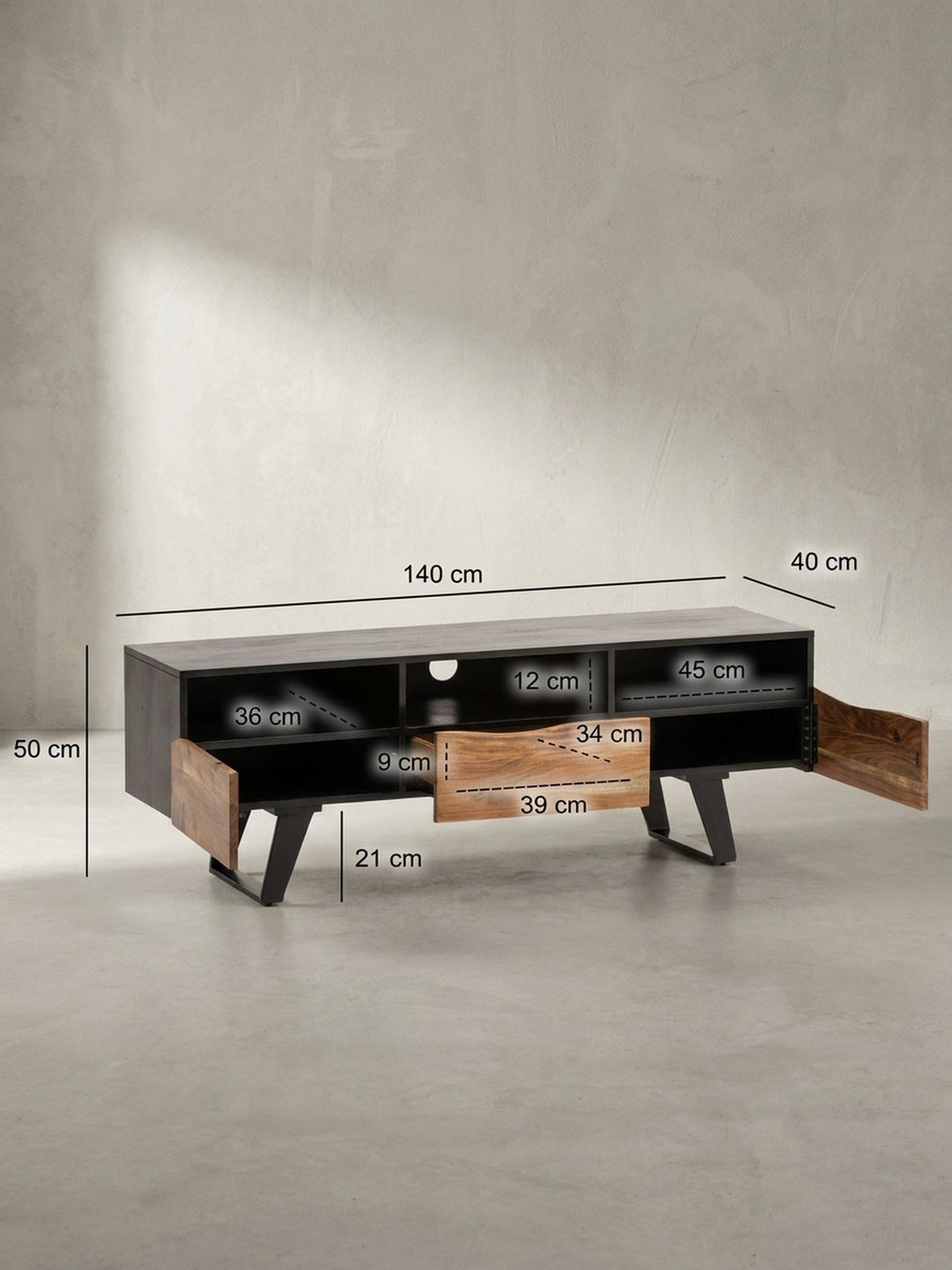 Technisches Bild des TV-Lowboards mit genauen Maßen: Breite 140 cm, Höhe 50 cm, Tiefe 40 cm, ideal für die Planung des Wohnbereichs._