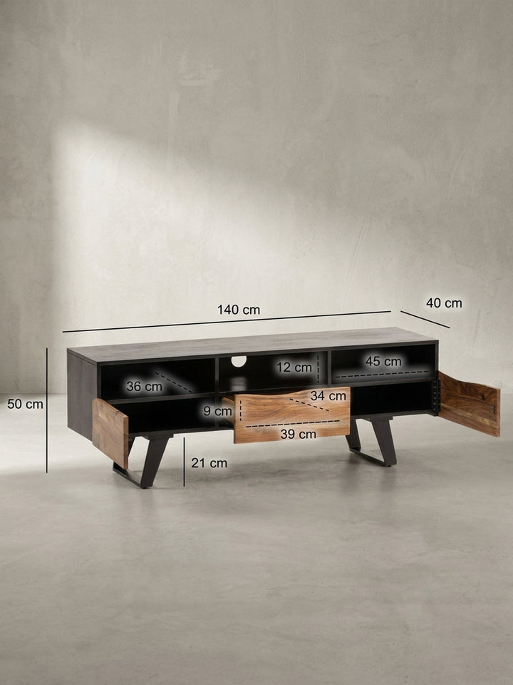 Technisches Bild des TV-Lowboards mit genauen Maßen: Breite 140 cm, Höhe 50 cm, Tiefe 40 cm, ideal für die Planung des Wohnbereichs._