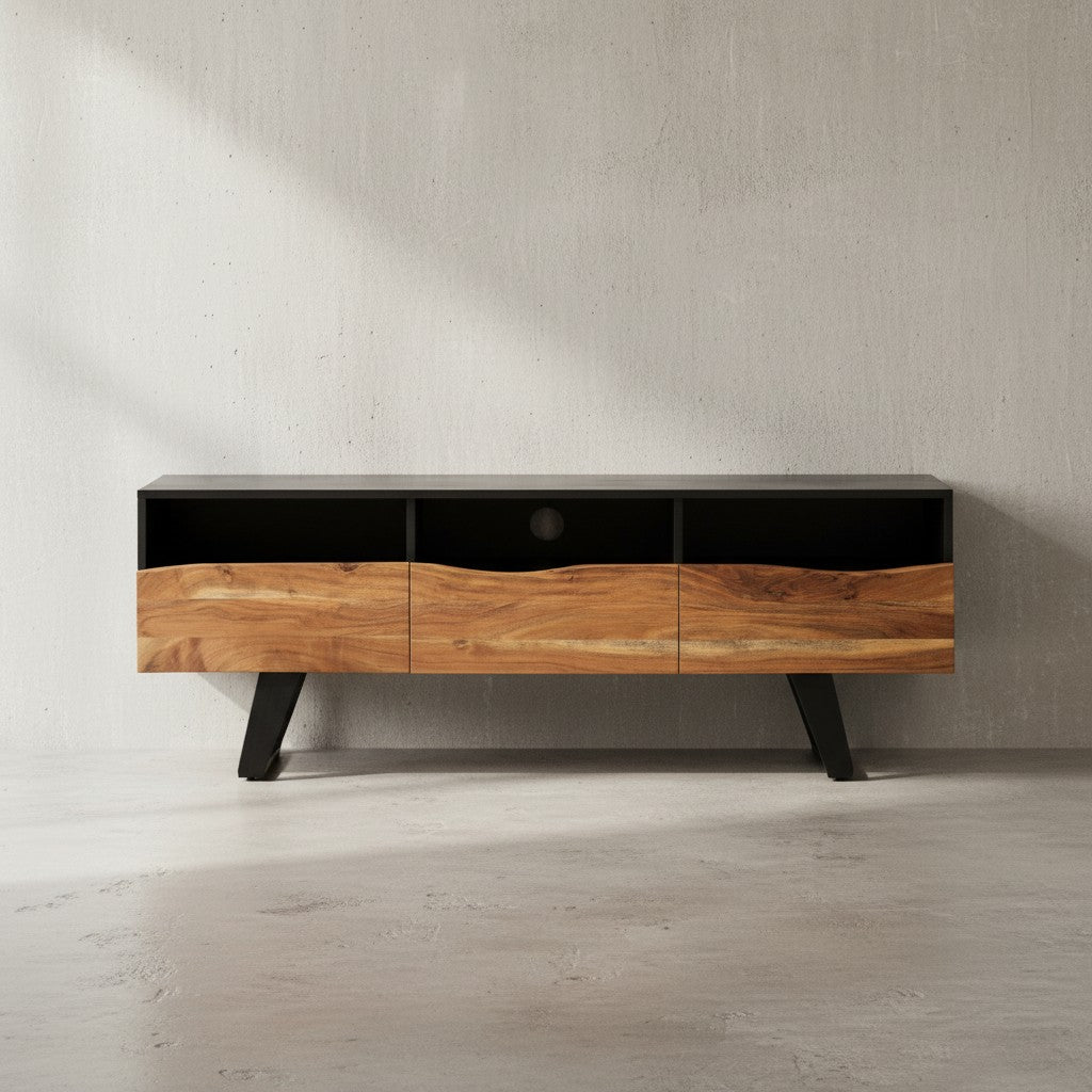 Lowboard Akazie Massivholz 140x50x40 cm Baumkante TV-Kommode Schwarz - Design TV-Schrank Hoch mit Schublade - Fernsehtisch Fernsehschrank Modern mit Türen - Fernsehkommode Wohnzimmer_