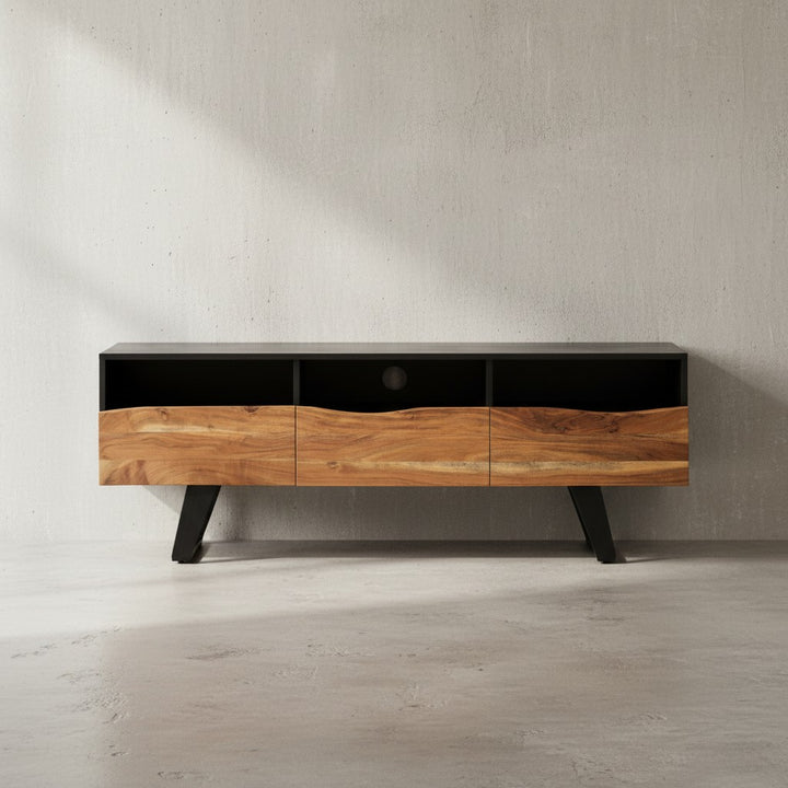 Lowboard Akazie Massivholz 140x50x40 cm Baumkante TV-Kommode Schwarz - Design TV-Schrank Hoch mit Schublade - Fernsehtisch Fernsehschrank Modern mit Türen - Fernsehkommode Wohnzimmer_
