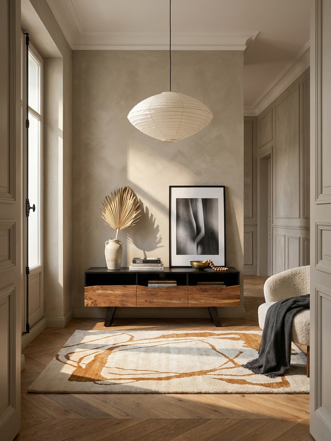 Modernes Lowboard aus Akazie Massivholz in Schwarz und Natur in einem lichtdurchfluteten Wohnzimmer mit Holzboden und einem großen Kunstwerk an der Wand._