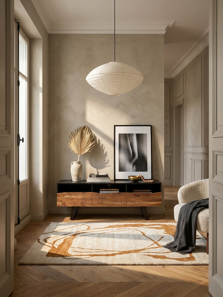 Modernes Lowboard aus Akazie Massivholz in Schwarz und Natur in einem lichtdurchfluteten Wohnzimmer mit Holzboden und einem großen Kunstwerk an der Wand._