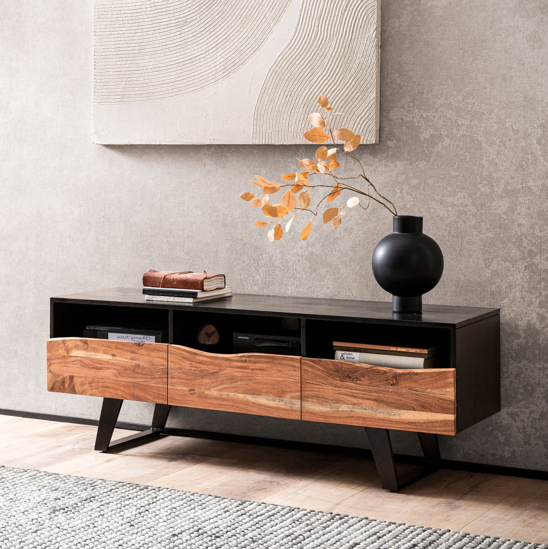 Lowboard Akazie Massivholz Modern Stil 140x50x40 cm Baumkante mit Schublade und Türen