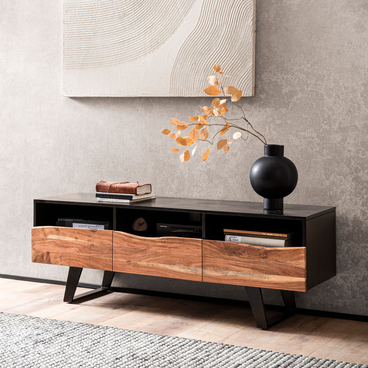 Lowboard Akazie Massivholz Modern Stil 140x50x40 cm Baumkante mit Schublade und Türen