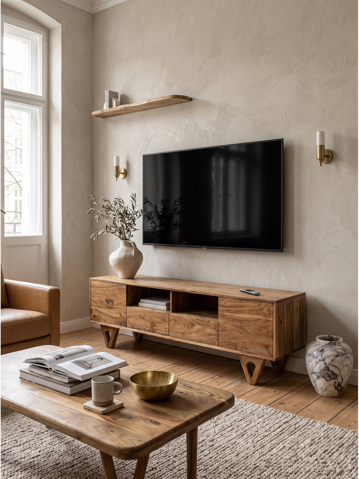 Natürliches Holz-Lowboard kombiniert mit einem sandfarbenen Bouclé-Sessel und skulpturalen Messing-Wandleuchten im stilvollen Wohnzimmer.