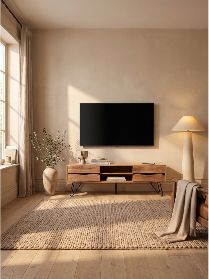 Breites Lowboard aus massivem Akazienholz mit schwarzem Metallgestell unter Flatscreen-TV in luftigem Wohnzimmer_
