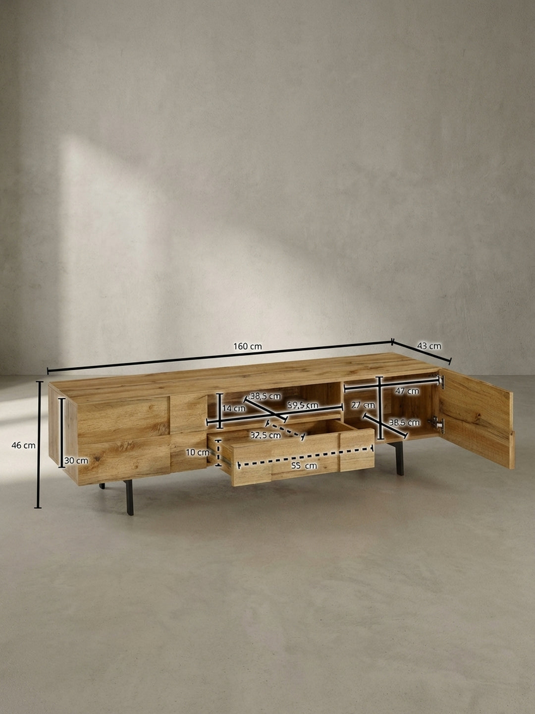 Technische Zeichnung des Lowboards mit allen exakten Maßen: Breite 160 cm, Höhe 46 cm, Tiefe 43 cm, inklusive Innenabmessungen der Fächer._