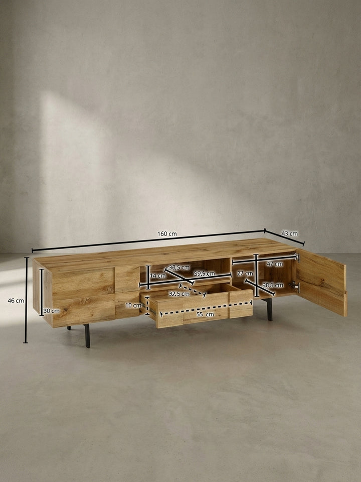 Technische Zeichnung des Lowboards mit allen exakten Maßen: Breite 160 cm, Höhe 46 cm, Tiefe 43 cm, inklusive Innenabmessungen der Fächer._