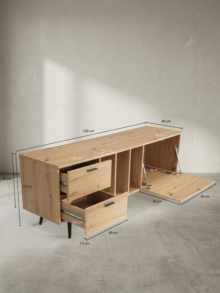 Technische Zeichnung des TV-Lowboards Eiche-Dekor mit Maßangaben 150x55x40 cm und Innenmaßen der einzelnen Regal- und Türfächer._